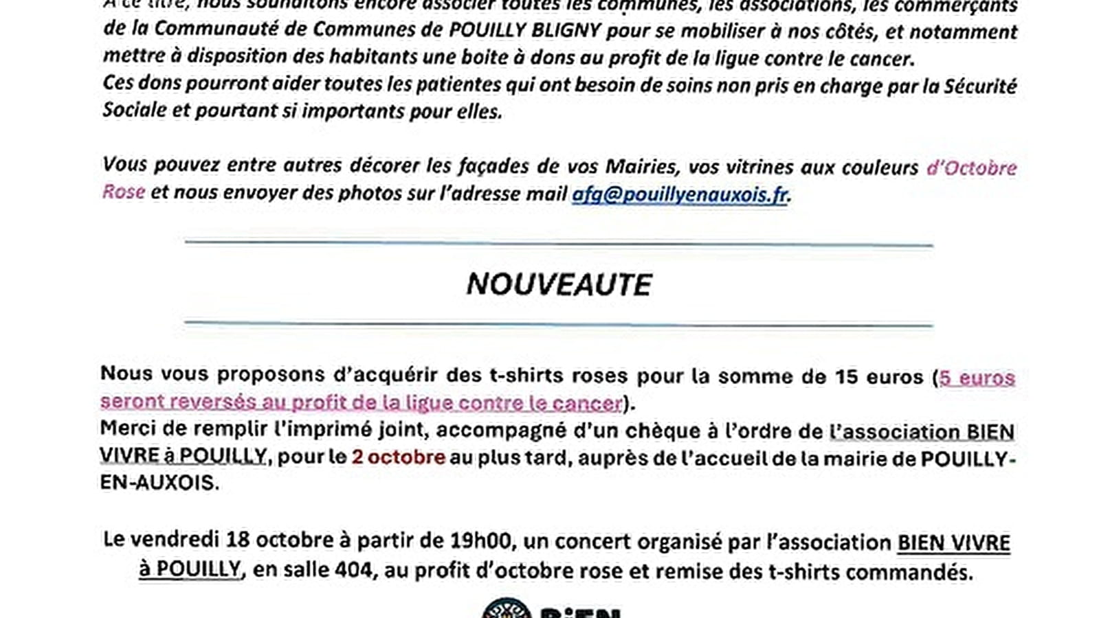 Tous en Rose ! Concert organisé par l'association Bien Vivre à Pouilly au profit d'Octobre Rose